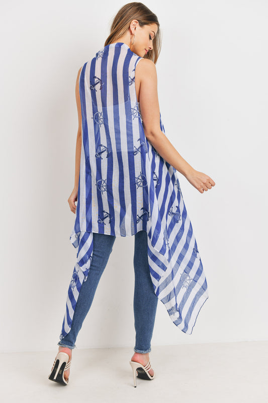 Printed Stripe Blue Sheep Wheel Kimono Vest