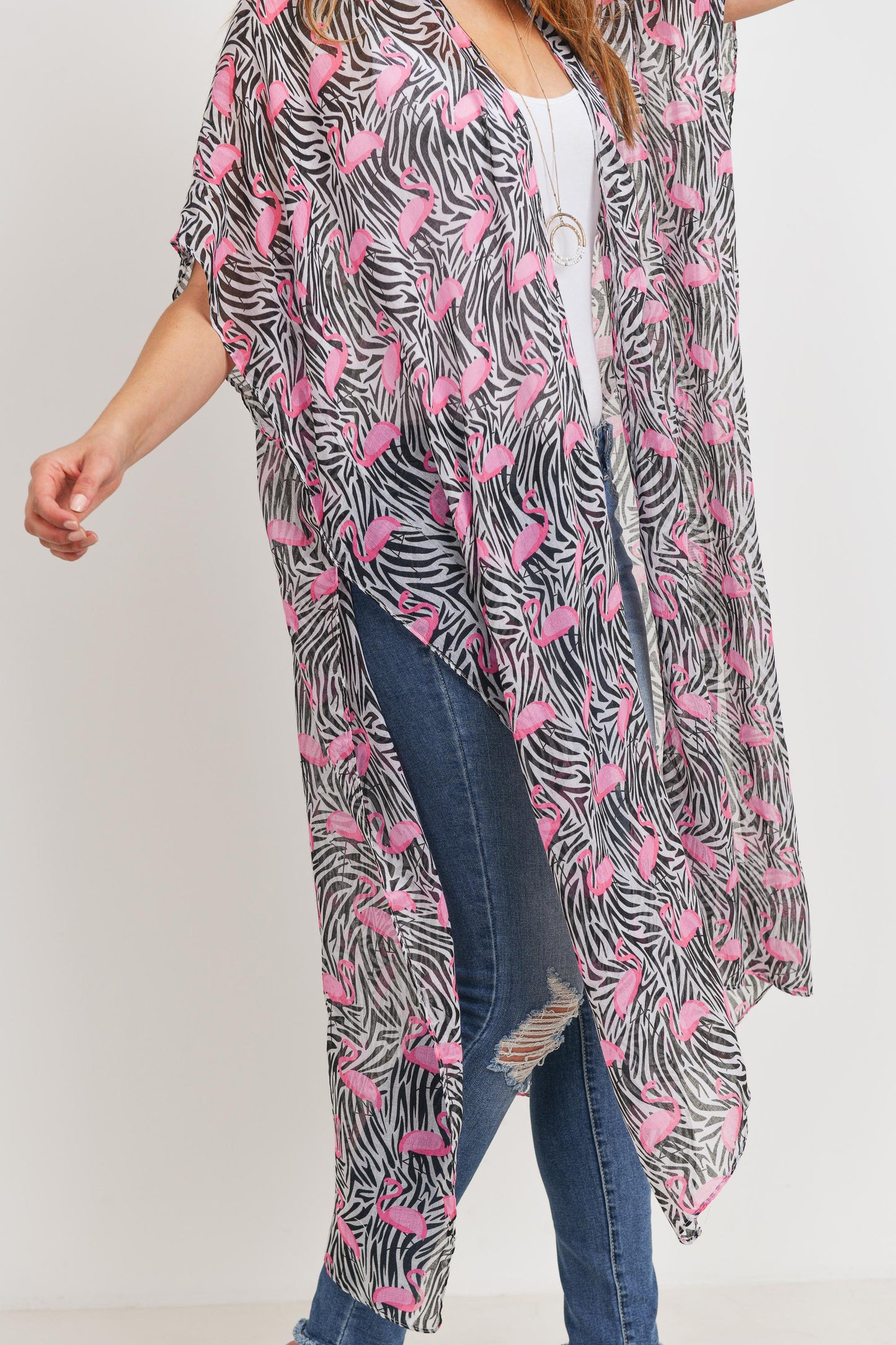 Long Open front Printed Flamingo Kimono
