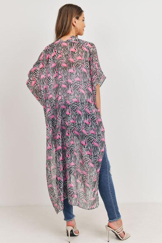 Long Open front Printed Flamingo Kimono