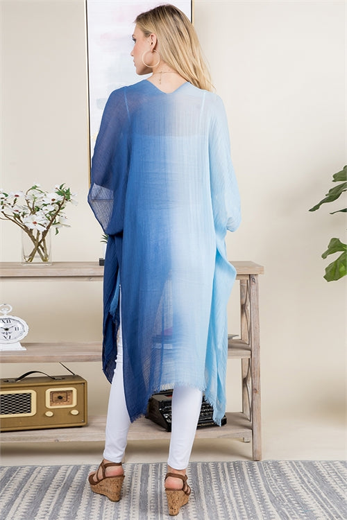 Knee Length Open Front Gradient Two Tone Blue Kimono