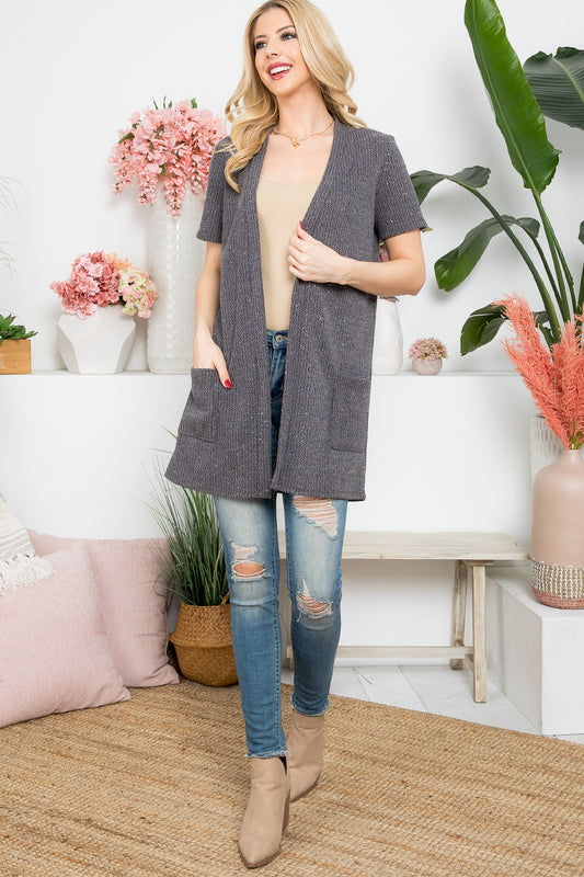 Short Sleeve Open Front Cardigan with Side Pockets