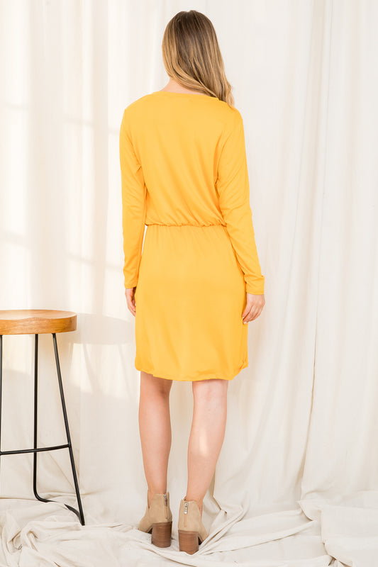 Elastic Waist Ribbon Detail Long Sleeve Solid Dress
