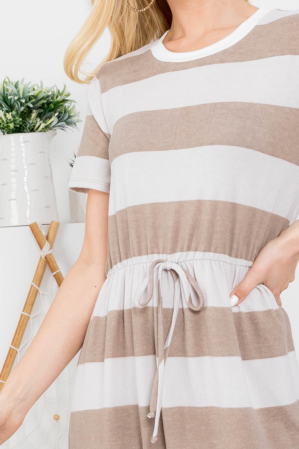 Plus Size Stripe Elastic Waist Ribbon Detail Dress
