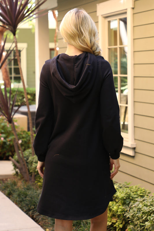 Solid Long Sleeve Hoodie Dress With Drawstring