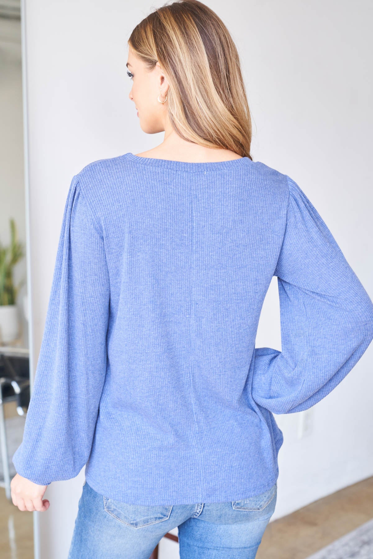 Puff Sleeve Round Neck Long Sleeve Bella Rib Top