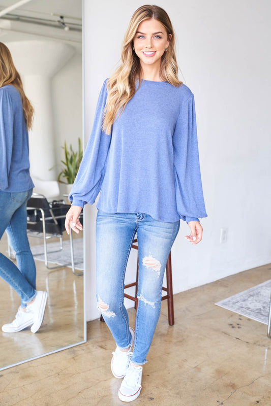 Puff Sleeve Round Neck Long Sleeve Bella Rib Top