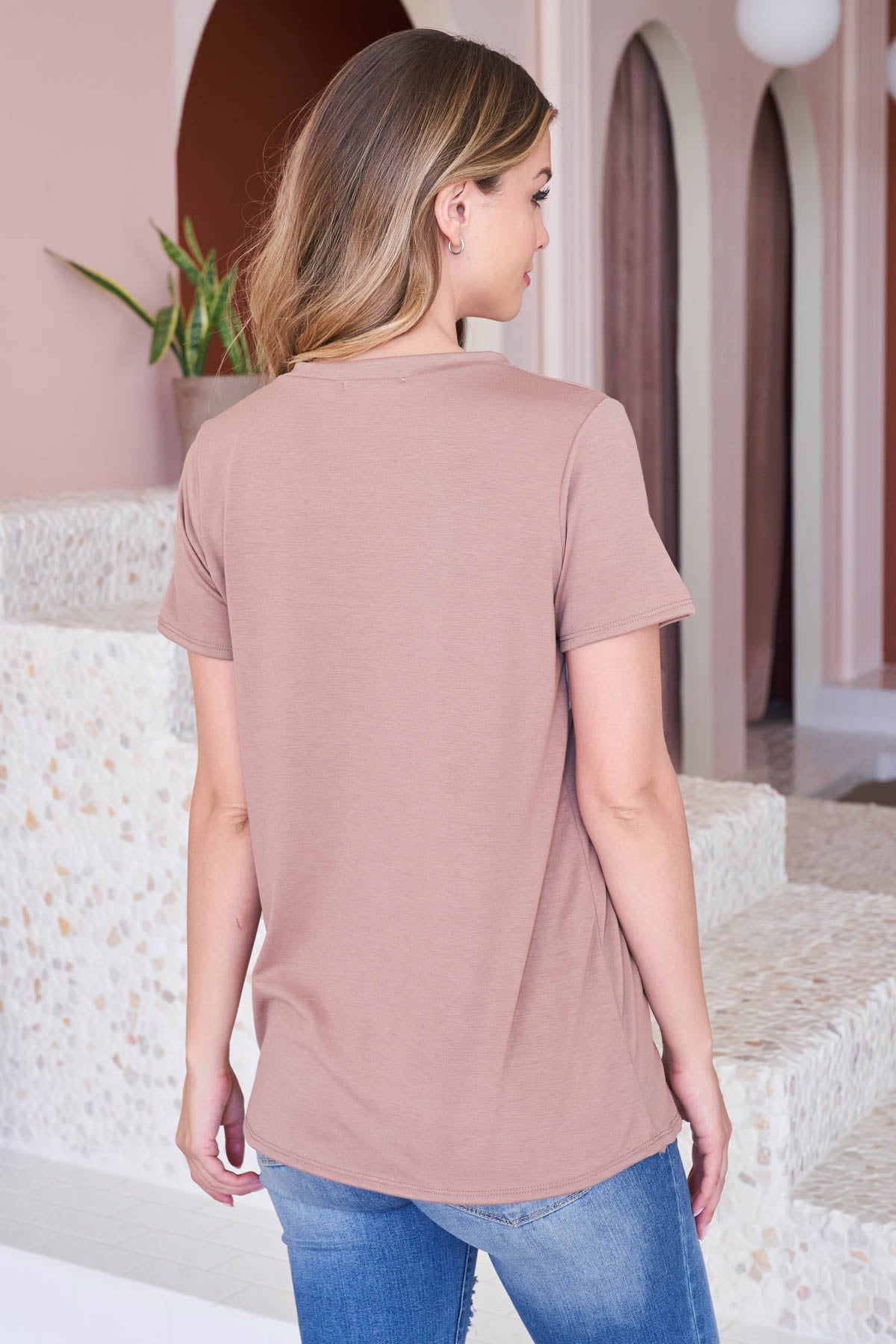 Short Sleeve Color Block Top with Striped Detail