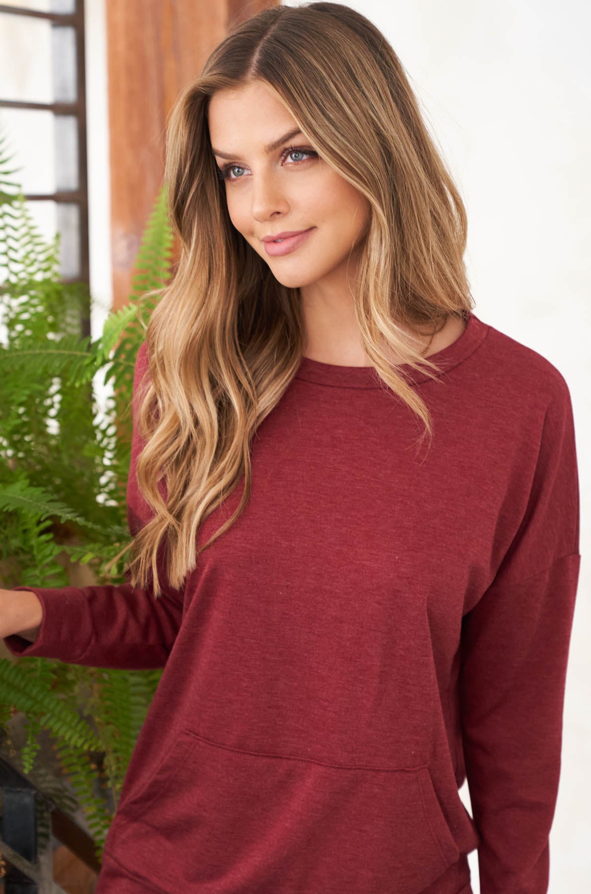 Plus Size Long Sleeve French Terry Top With Kangaroo Pocket