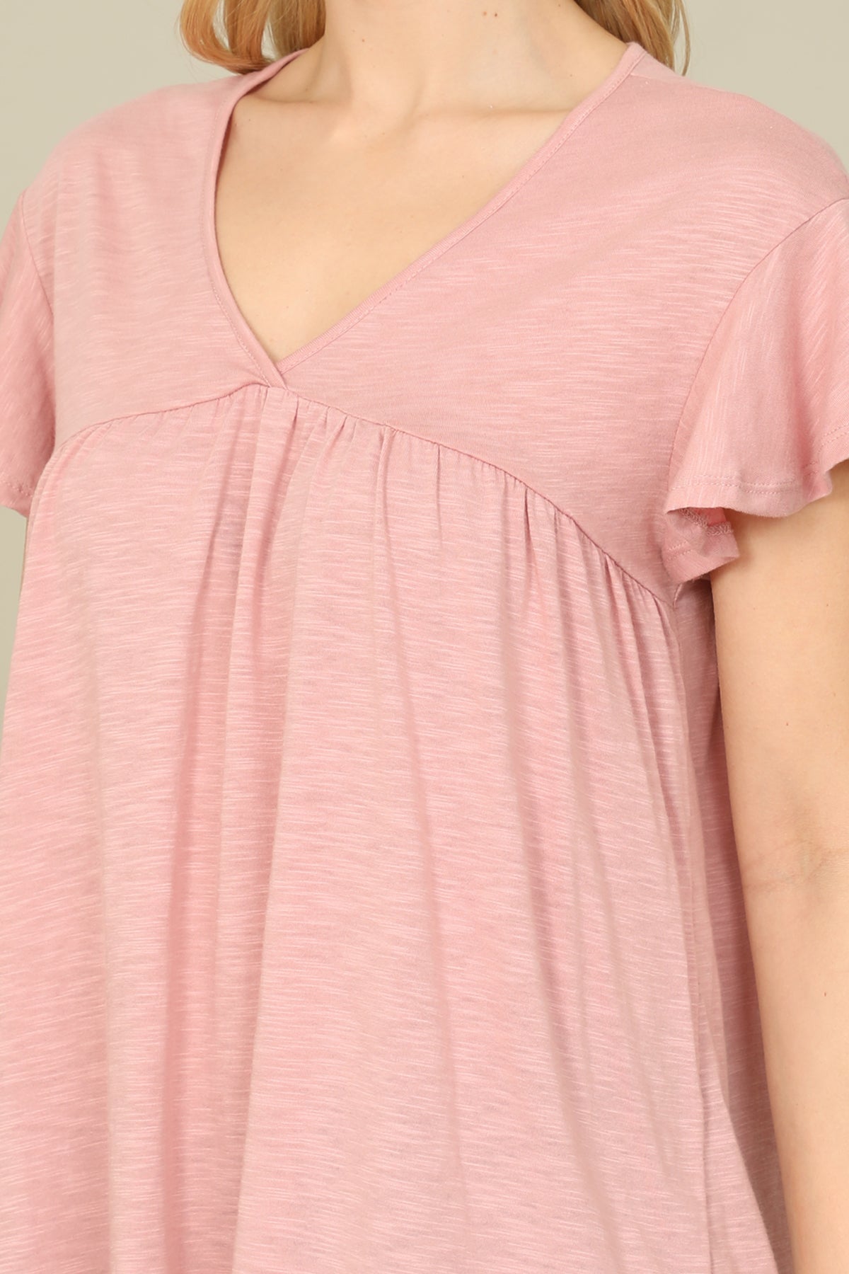 V-Neck Shirring Details Slub Top