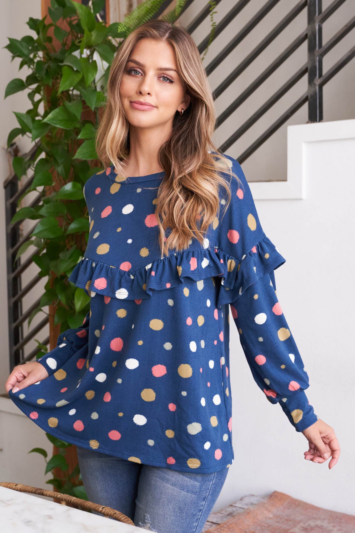 Plus Size Long Sleeve Polka Dot Shirring Detail Top