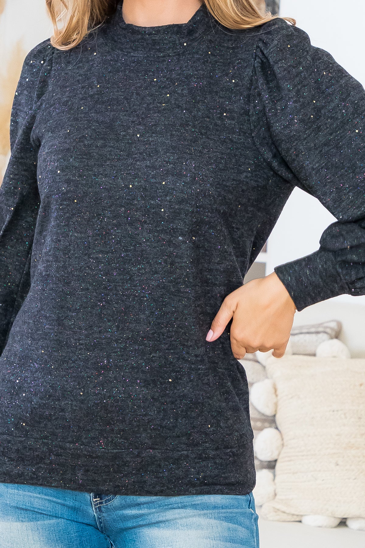 Plus Size Puff Sleeve Crew Neckline Glitter Detail Top