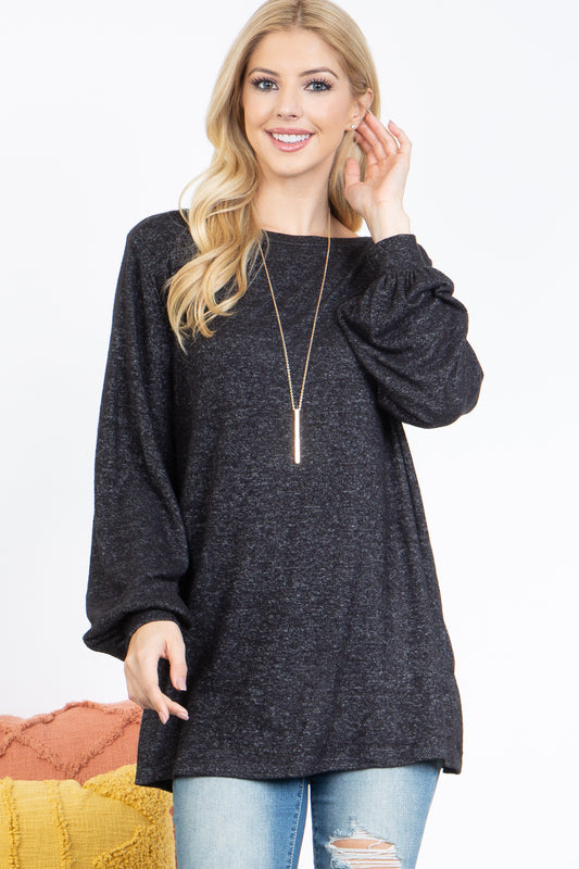 Puff Long Sleeve Boat Neck Brushed Hacci Top