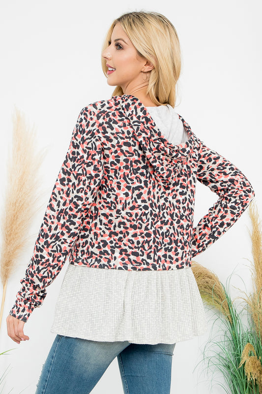 Solid Hem Long Sleeve Leopard Hoodie Top