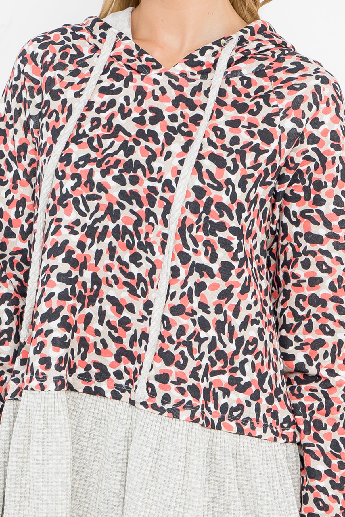 Solid Hem Long Sleeve Leopard Hoodie Top