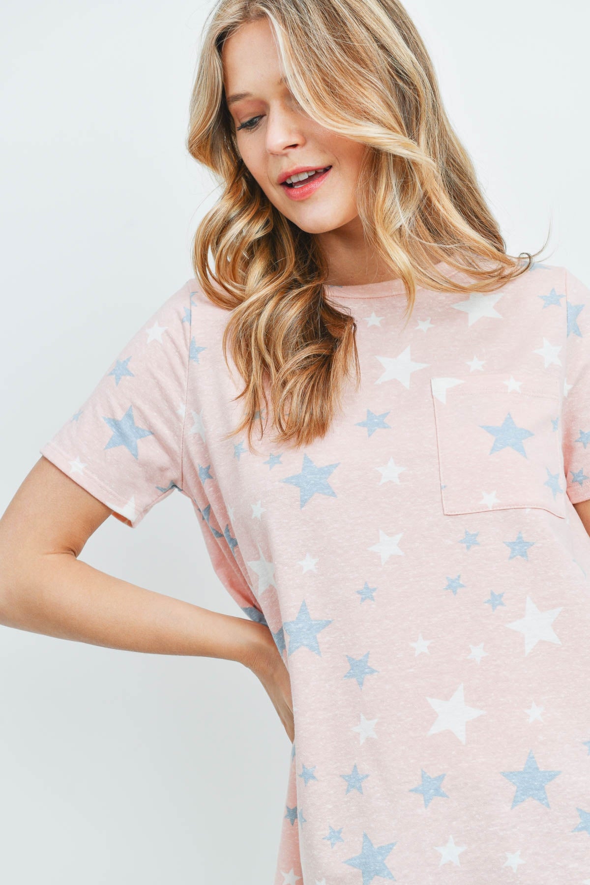 Star Print Short Sleeves Round Neck Top