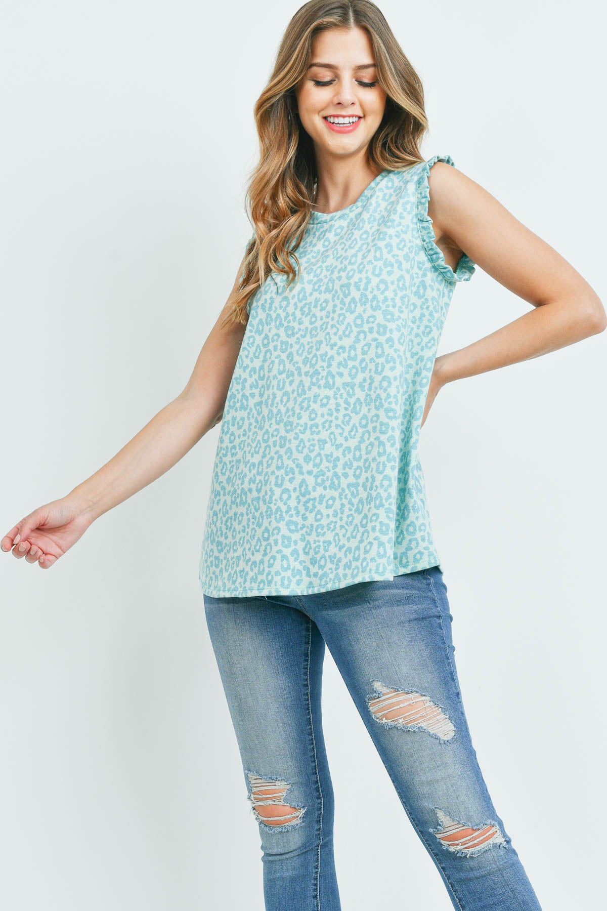 Leopard Print Ruffle Cap Sleeve Top