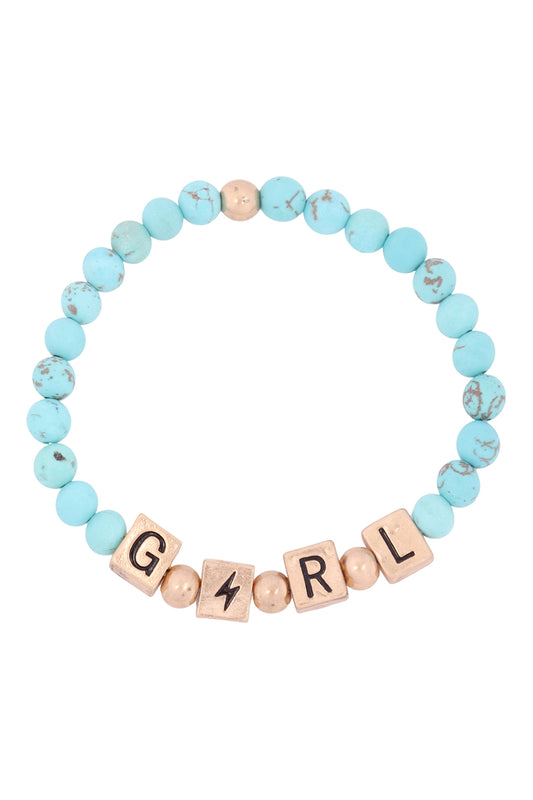 Girl Metal Block Natural Stone Stretch Bracelet
