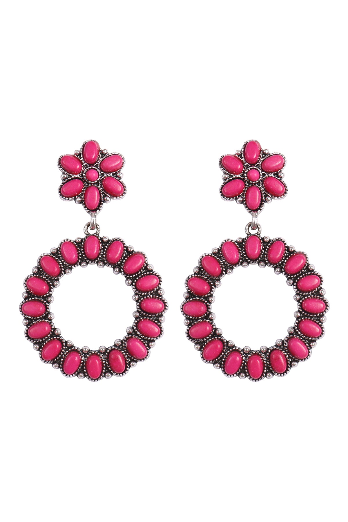 Flower Round Natural Stone Drop Dangle Earrings Silver Burnish Fuchsia