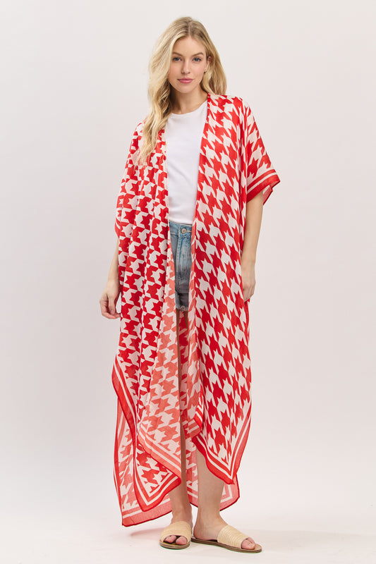 Houndstooth Print Open Front Long Kimono