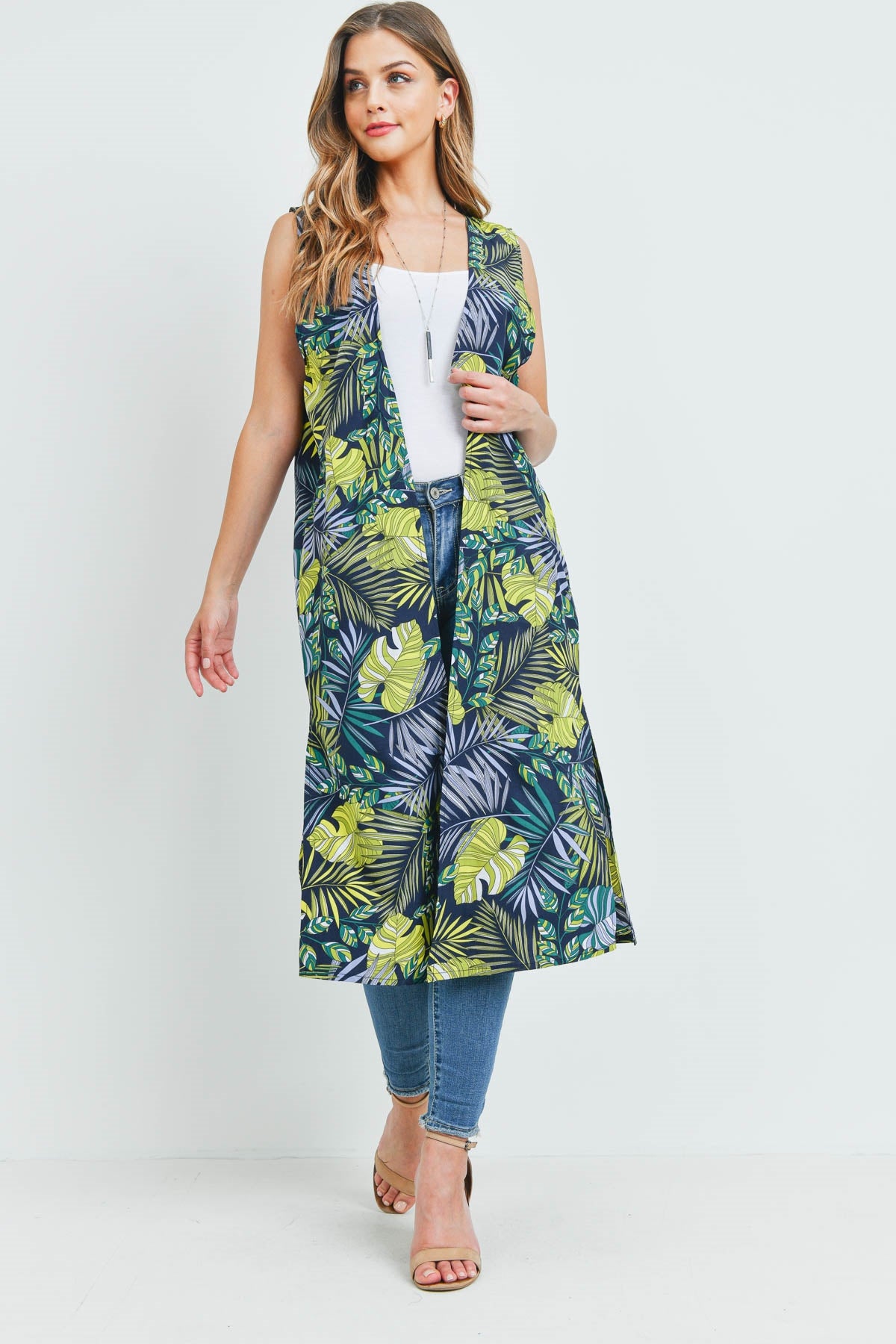 Tropical Leaves Print Kimono Vest