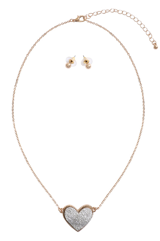 Valentine Heart Druzy Pendant Necklace And Earring Set Silver