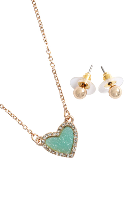 Valentine Heart Druzy Rhinestone Pendant Necklace & Earrings