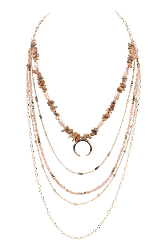 Layered Chain Natural Stone Chip Mix Beads Crescent Pendant Necklace