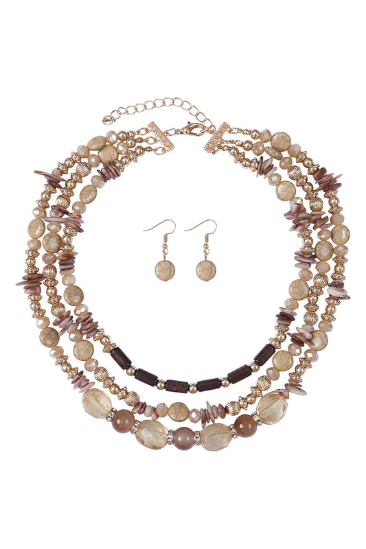 3 Line Layered Natural Stone, Mix Beads Necklace and Earrings Set