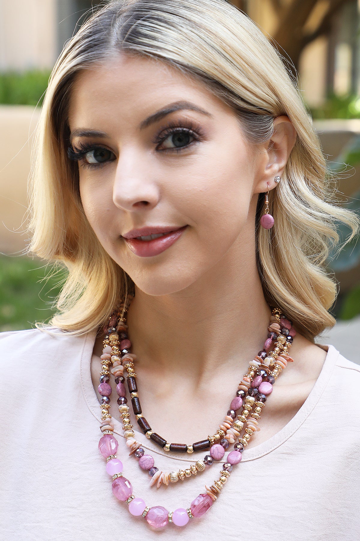 3 Line Layered Natural Stone, Mix Beads Necklace and Earrings Set