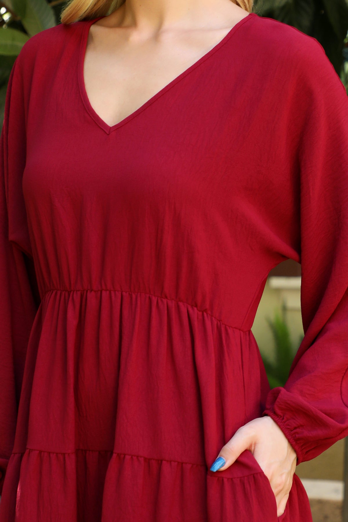 Long Sleeve V-Neck Tiered Mini Dress
