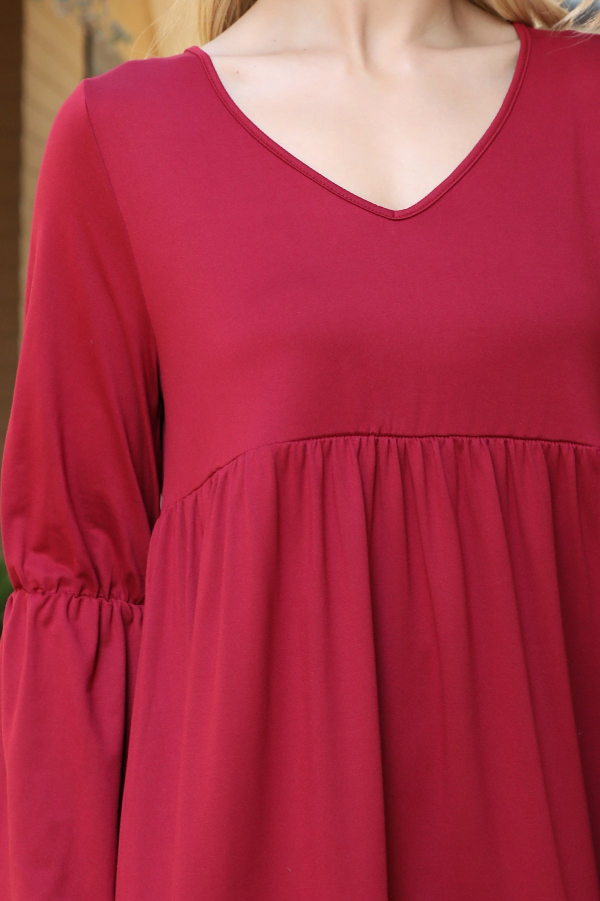 V-Neck Long Sleeve Babydoll Dress