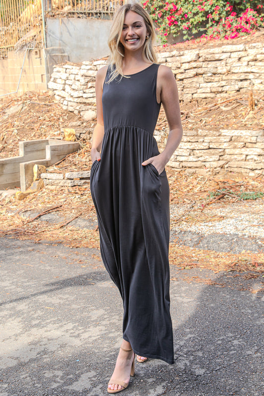 Sleeveless Crew Neck Maxi Dress with Empire Waist
