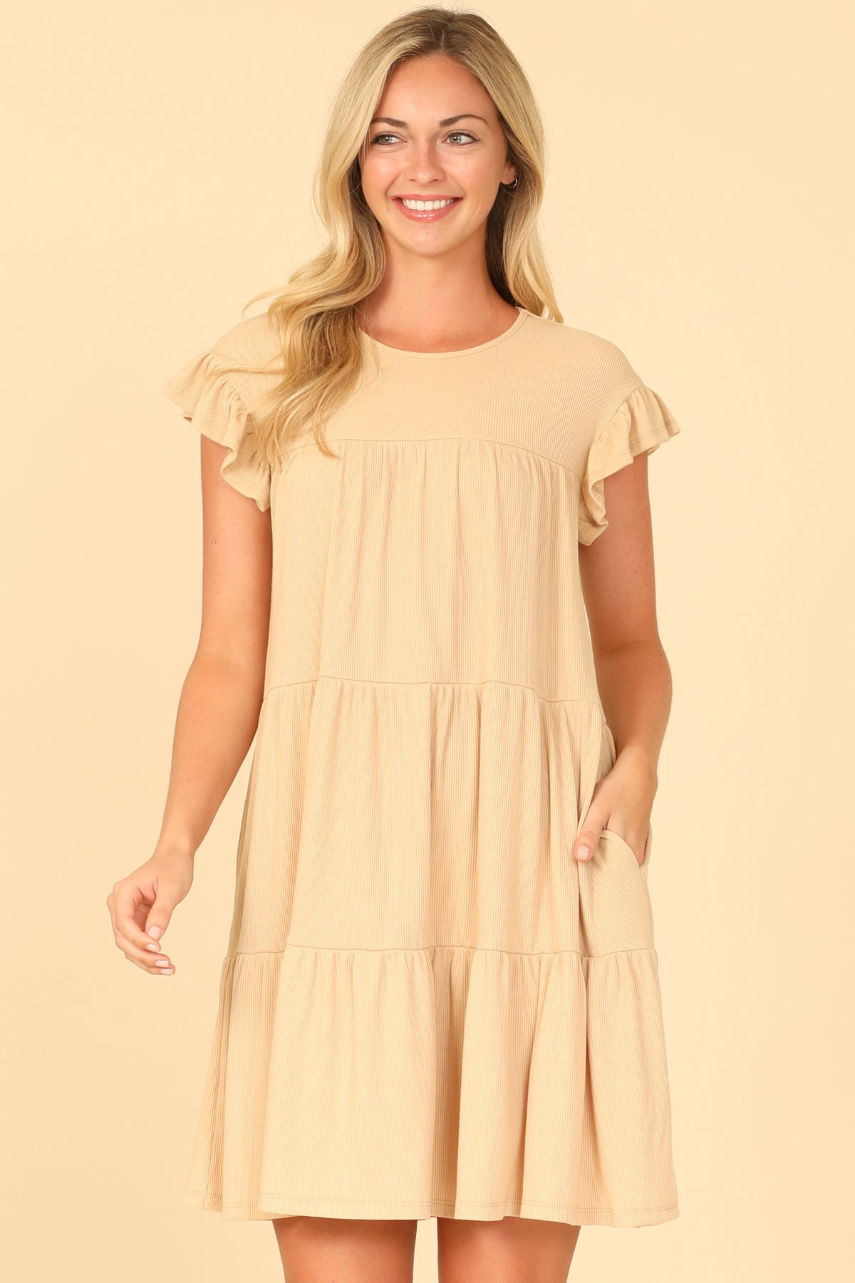 Ribbed Ruffle Sleeve Side Pocket Solid Tiered Mini Dress