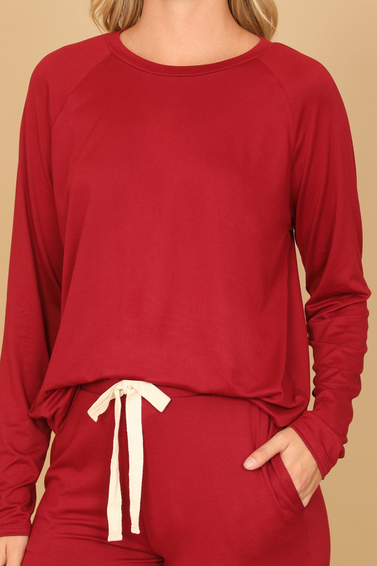 Solid Long Sleeve Top And Joggers Set With Self Tie