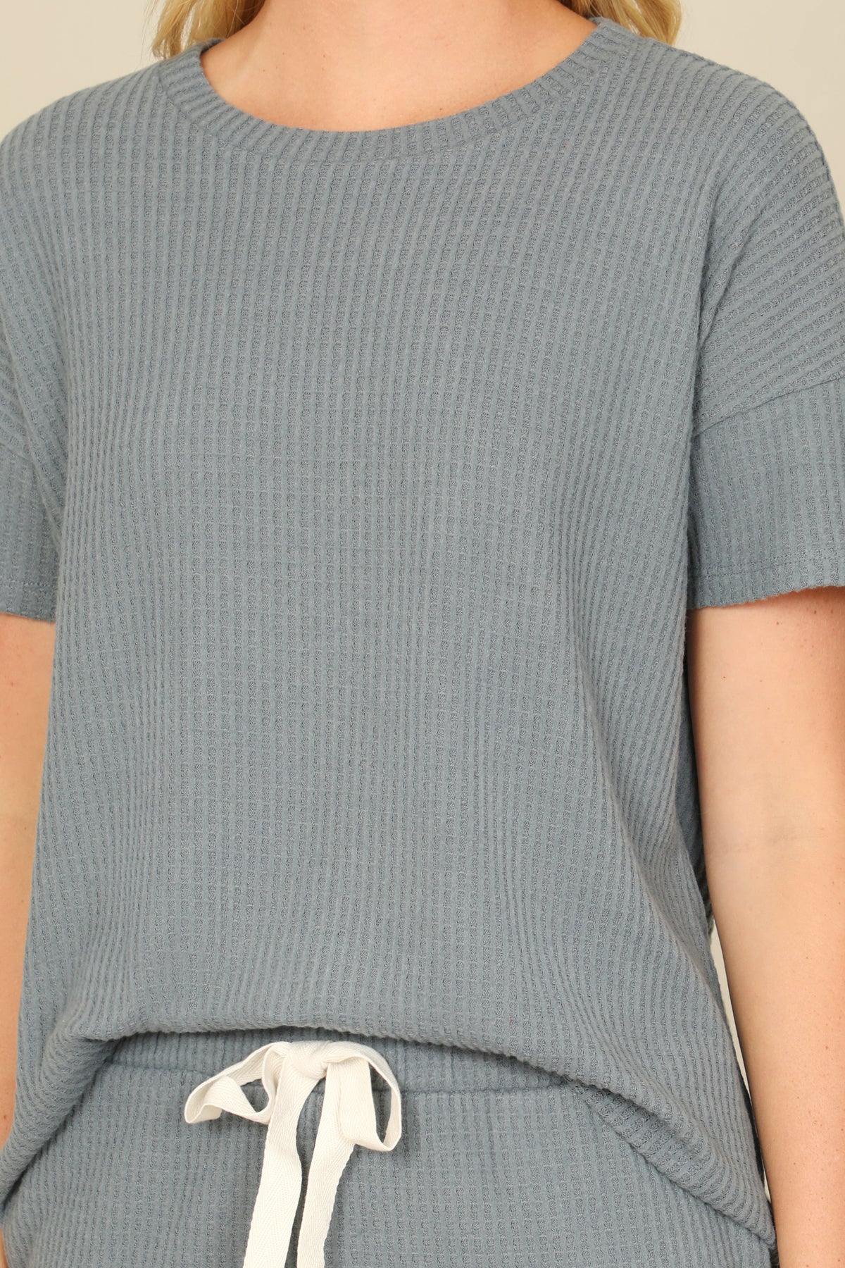 Brushed Waffle Short Sleeve Top And Elastic Waist Shorts Set