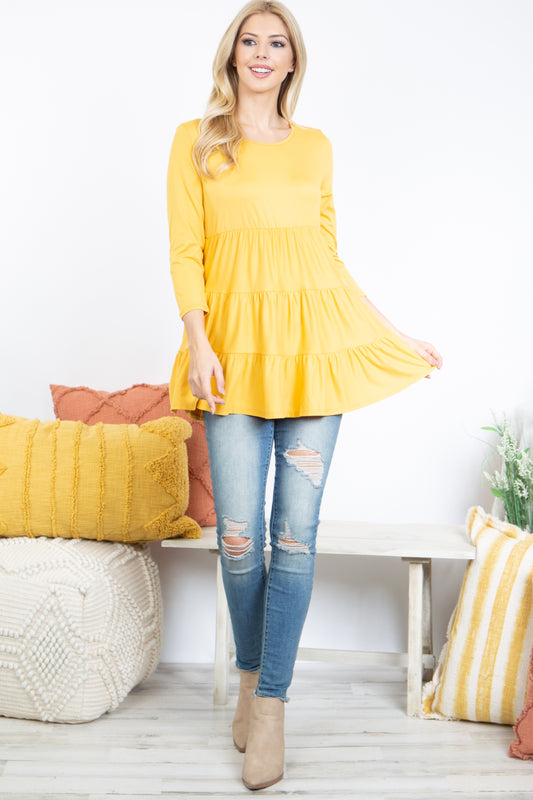 Quarter Sleeve Tiered Ruffle Solid Top