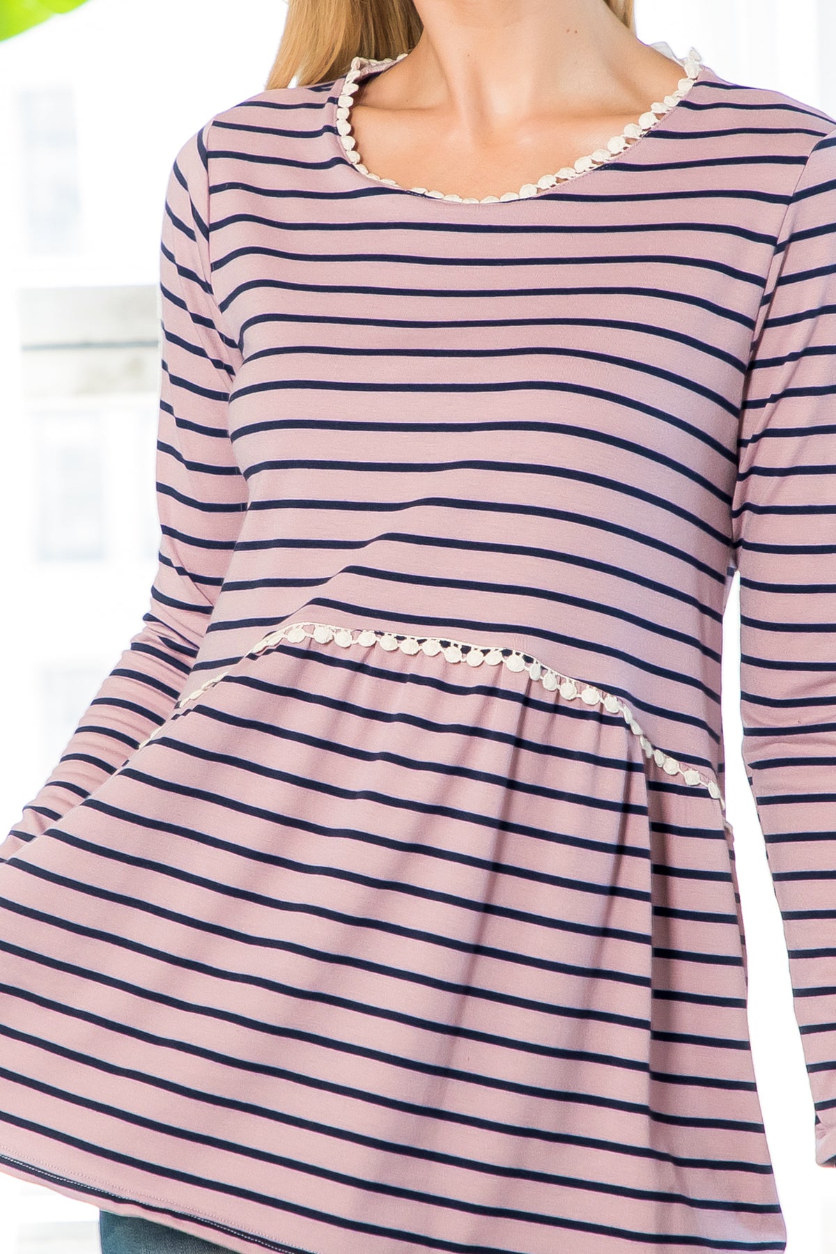 Pompom Detail Long Sleeve Stripes Top