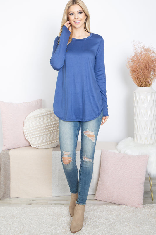 Solid Round Hem Long Sleeve Top