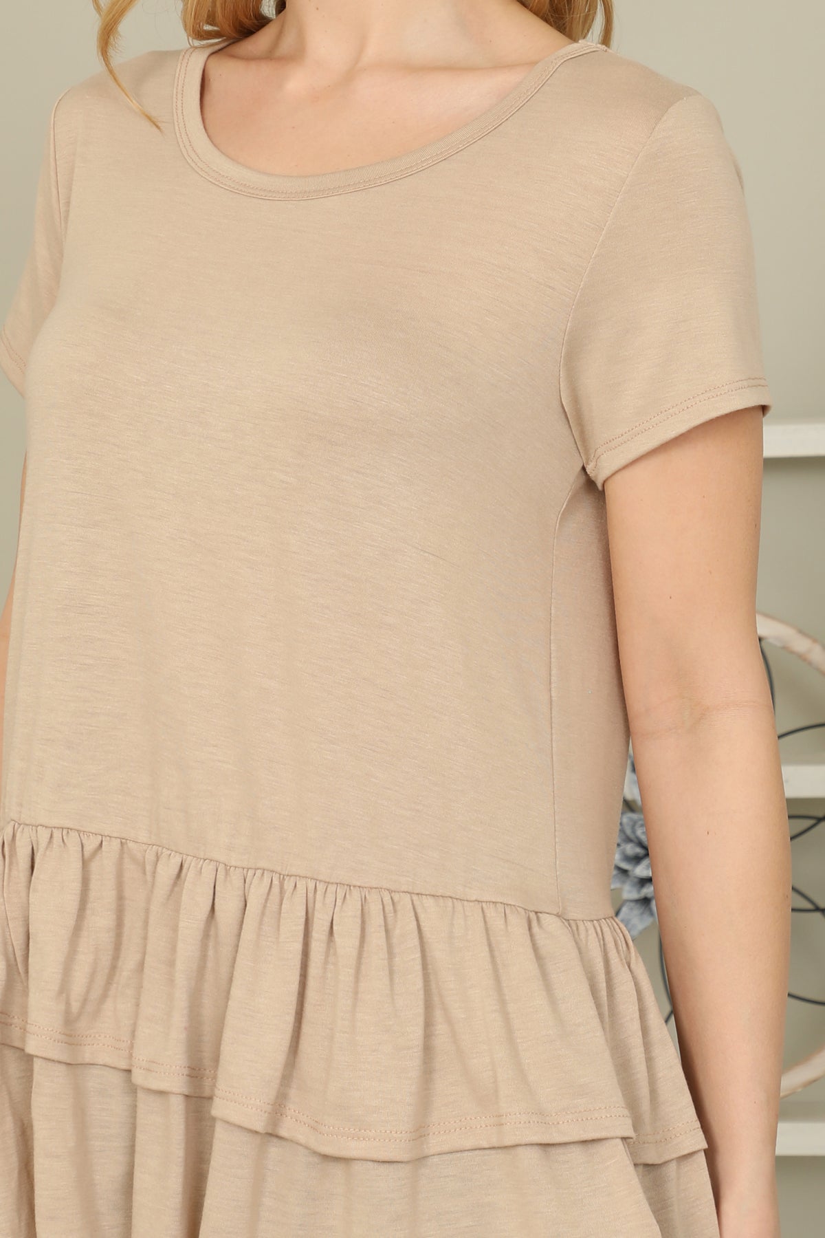 Short Sleeve Layered Ruffle Hem Solid Top