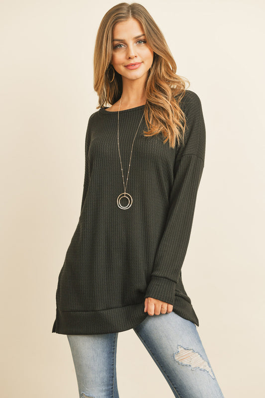 Brushed Waffle Round Neck Side Slit Sweater