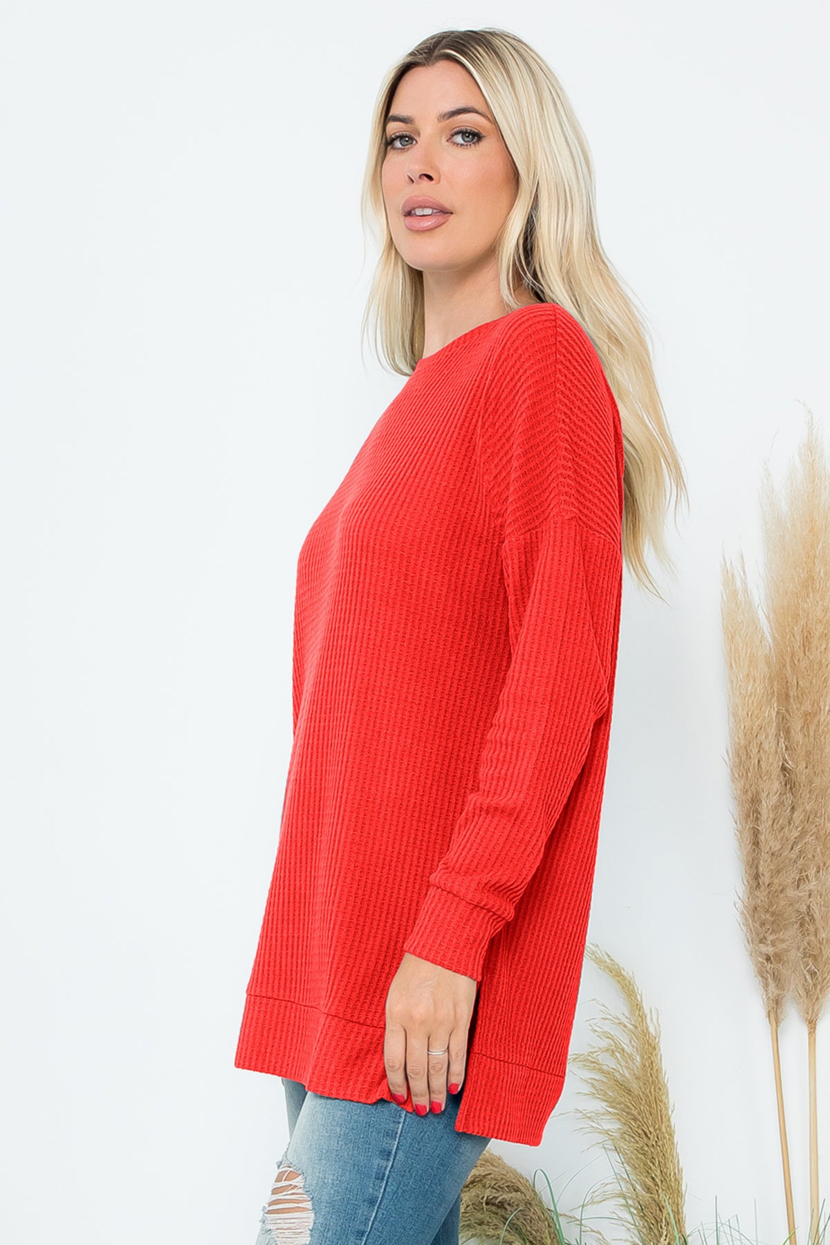 Brushed Waffle Round Neck Side Slit Sweater