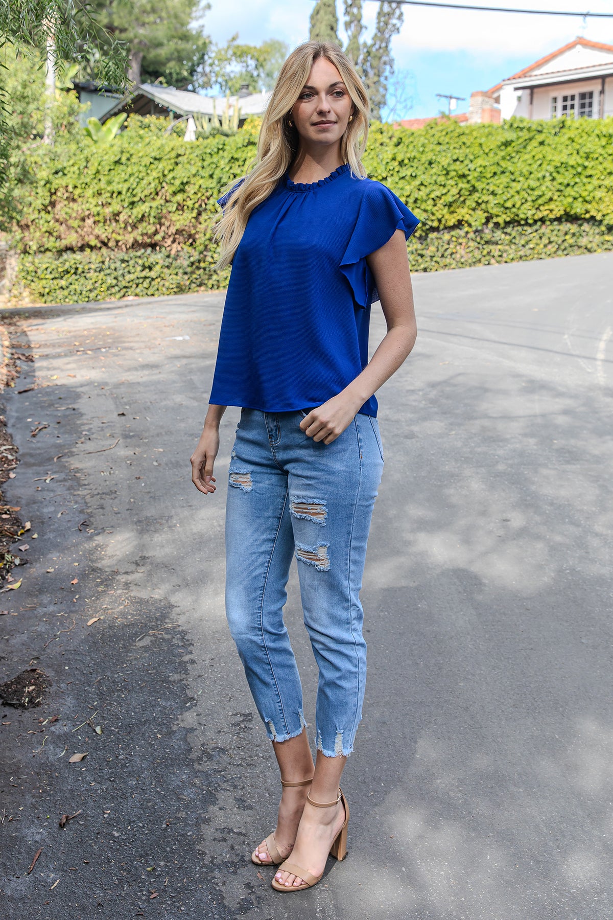 Fold Frill Neckline Butterfly Sleeve Solid Top
