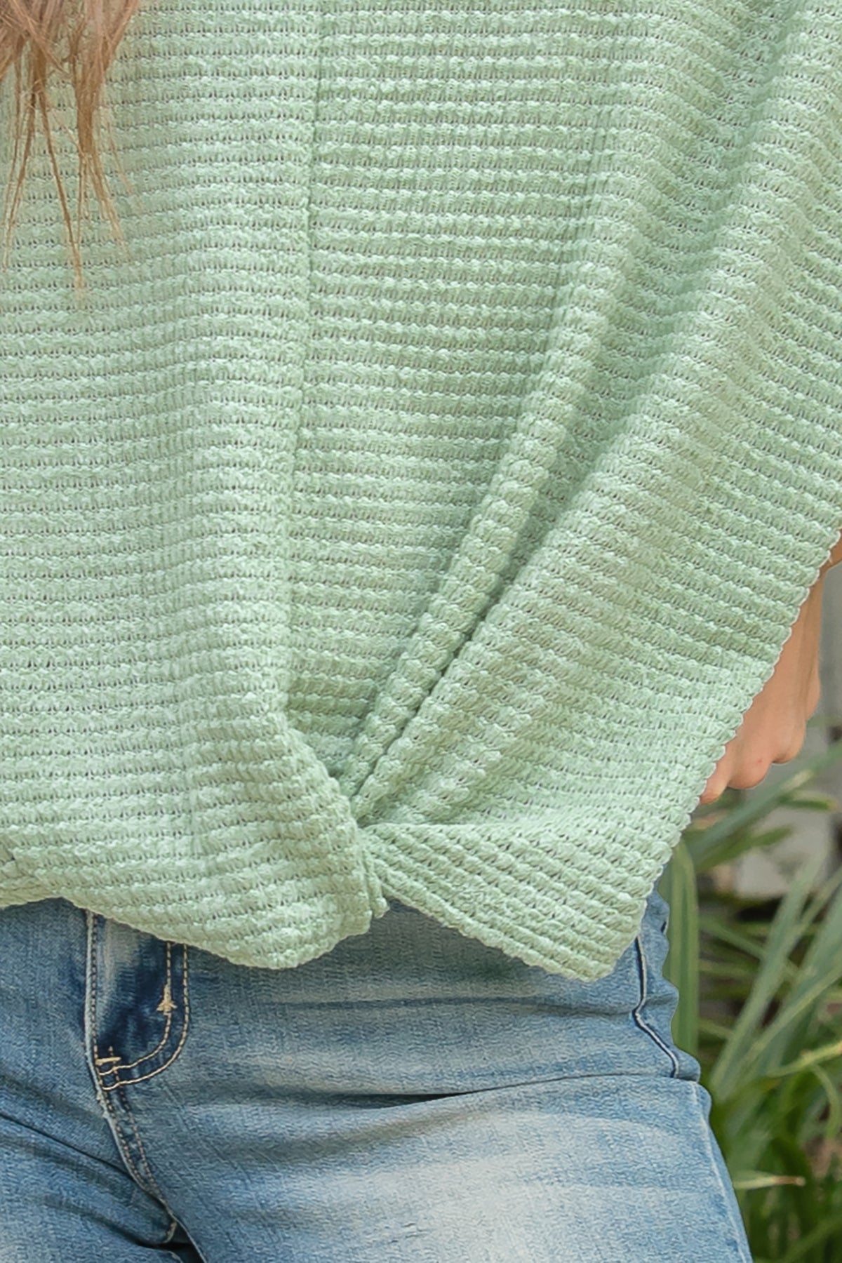 Half Sleeve Twisted Hem Waffle Knit Solid Top