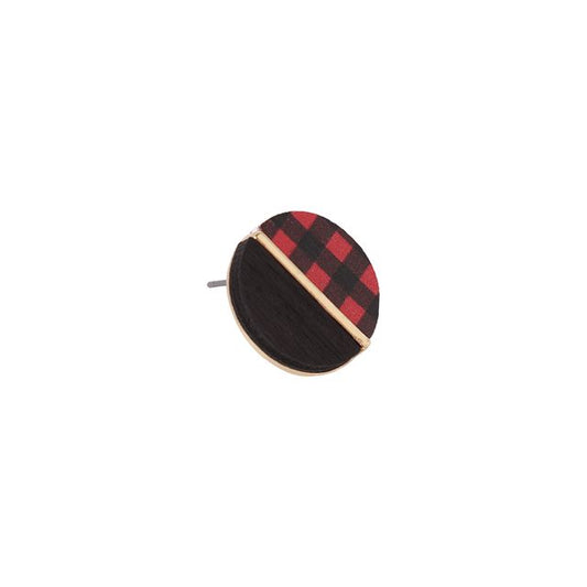Round Wood Check Two Tone Stud Earrings