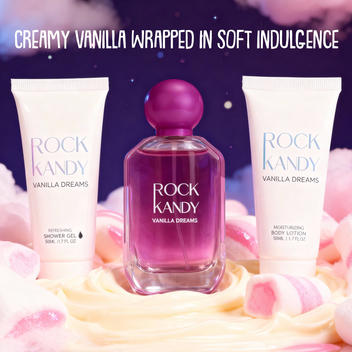 Rock Kandy Vanilla Dreams Shower Gel, Spray Perfume Eau De Parfum, Body Lotion For Women - 50ML/1.7FL.OZ/3 GIFT SET
