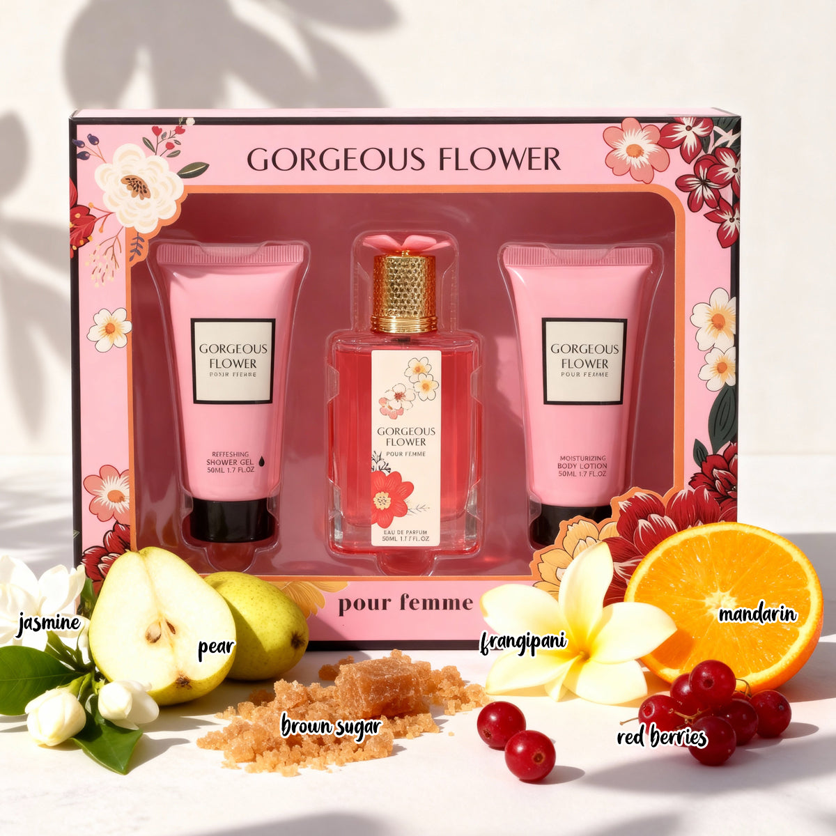 Gorgeous Flower Shower Gel, Spray Perfume Eau De Parfum, Body Lotion For Women - 50ML/1.7FL.OZ/3 GIFT SET