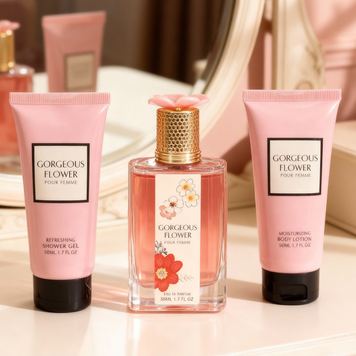 Gorgeous Flower Shower Gel, Spray Perfume Eau De Parfum, Body Lotion For Women - 50ML/1.7FL.OZ/3 GIFT SET