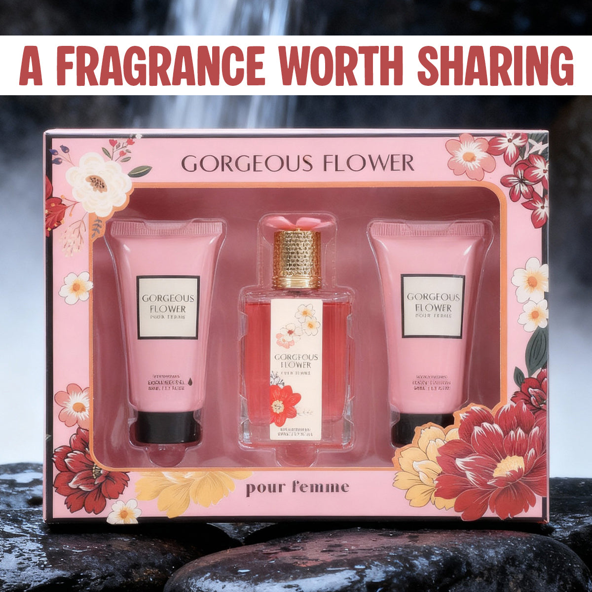 Gorgeous Flower Shower Gel, Spray Perfume Eau De Parfum, Body Lotion For Women - 50ML/1.7FL.OZ/3 GIFT SET