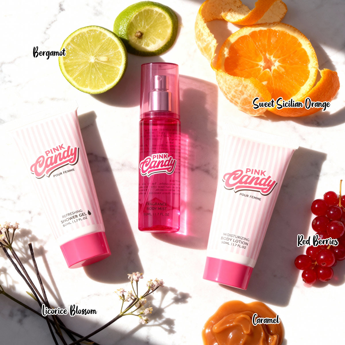 Pink Candy Refreshing Shower Gel, Fragrance Body Mist, Moisturizing Body Lotion For Women - 50ML/1.7FL.OZ