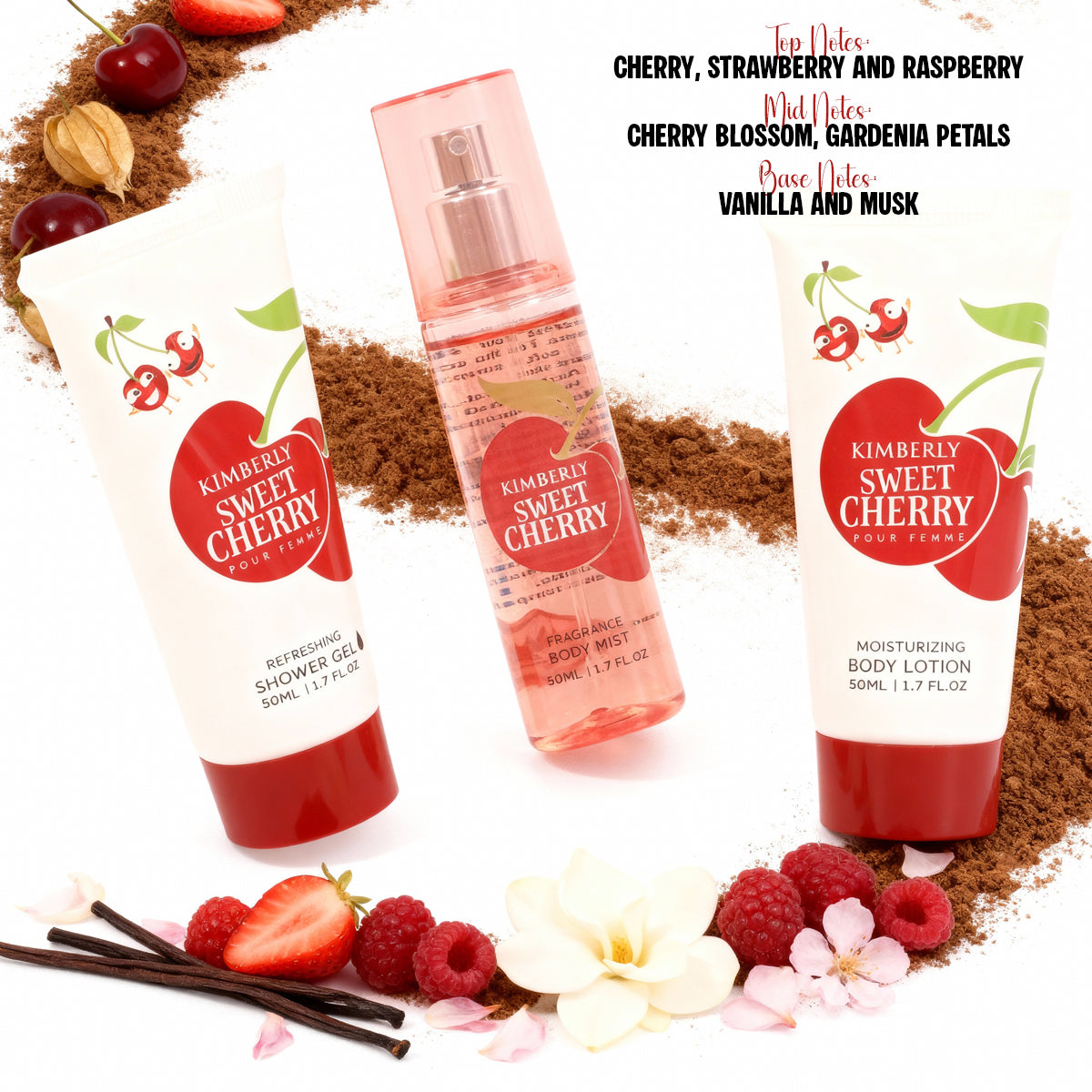 Kimberly Sweet Cherry Refreshing Shower Gel, Fragrance Body Mist Moisturizing Body Lotion For Women - 50ML/1.7FL.OZ